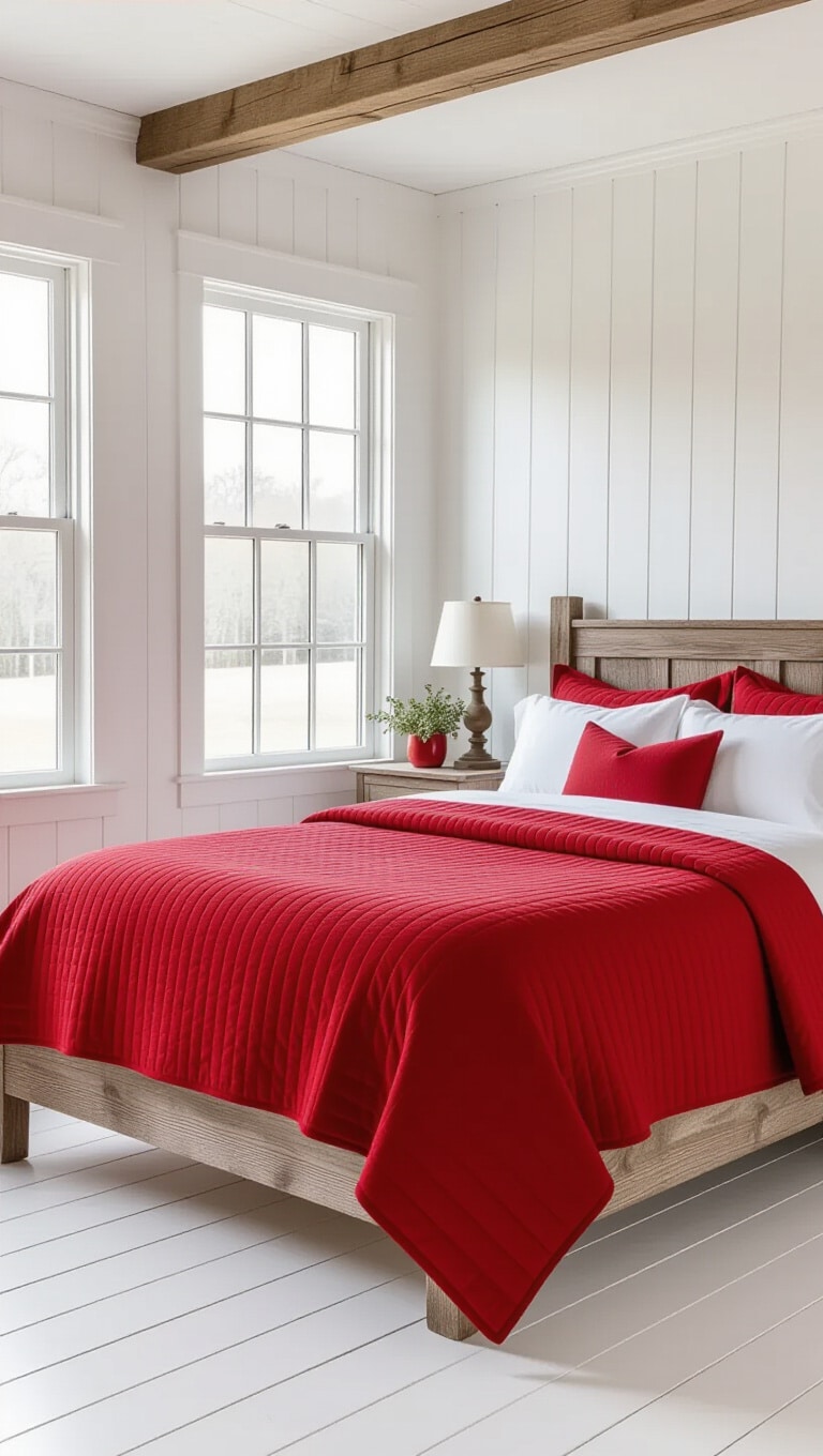 Classic Red and White Farmhouse Bedroom