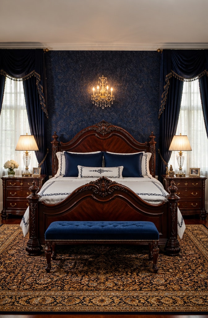 Classic Traditional Navy and Brown Bedroom