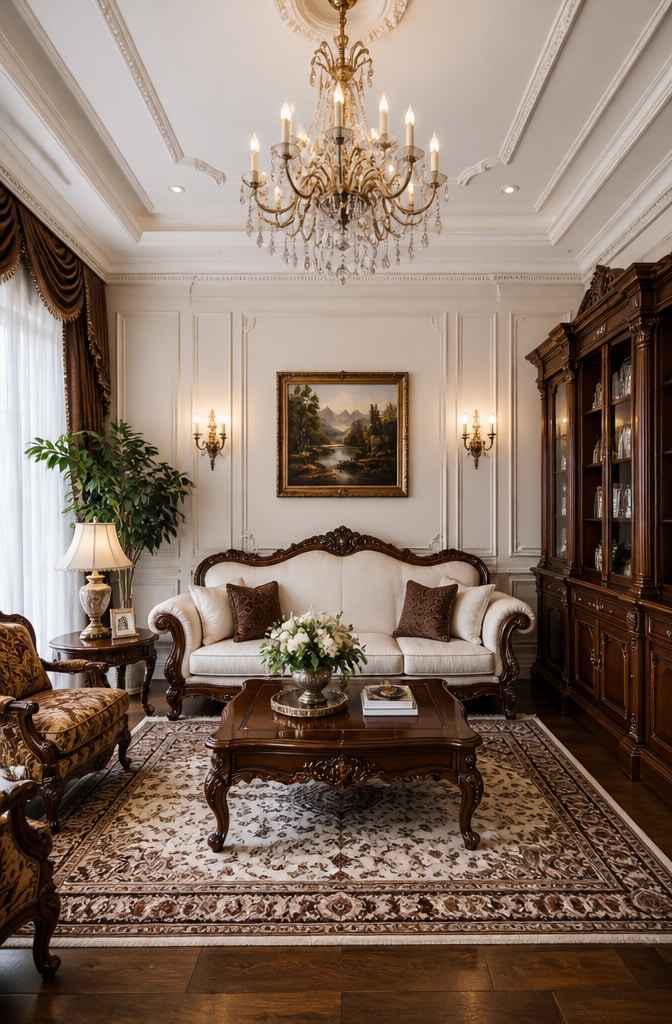 Classic Traditional White and Brown Living Room