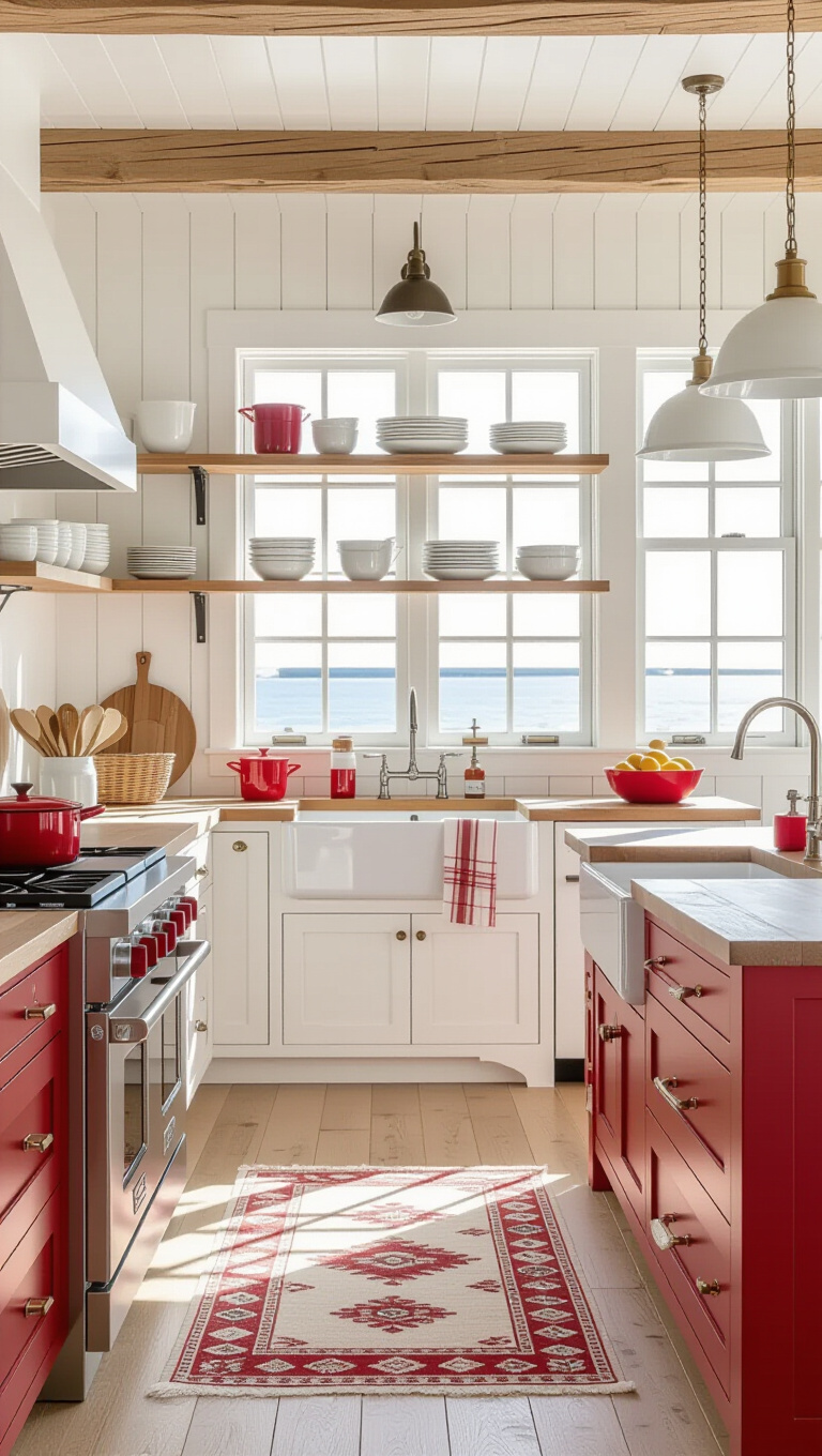 Coastal Beachy Red and White Kitchen