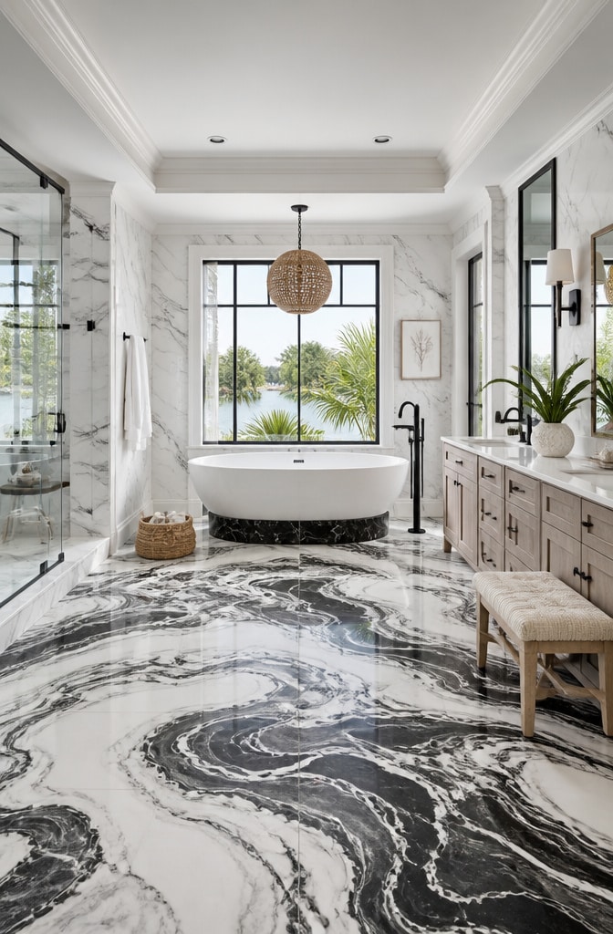Coastal Black and White Marble Bathroom