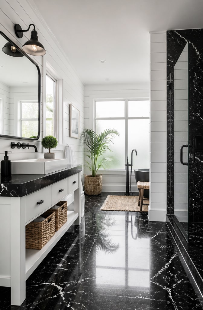 Coastal Black Marble Bathroom Contrast