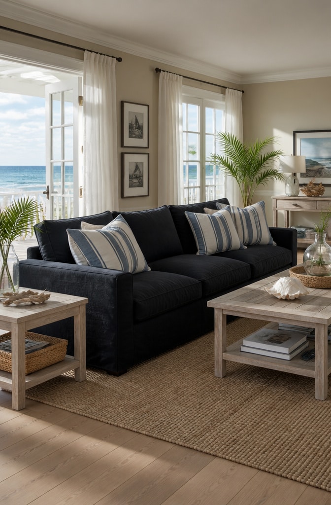 Coastal Black Sofa Living Room with Nautical Accents
