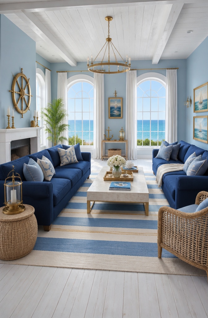 Coastal Blue and Gold Nautical Living Room