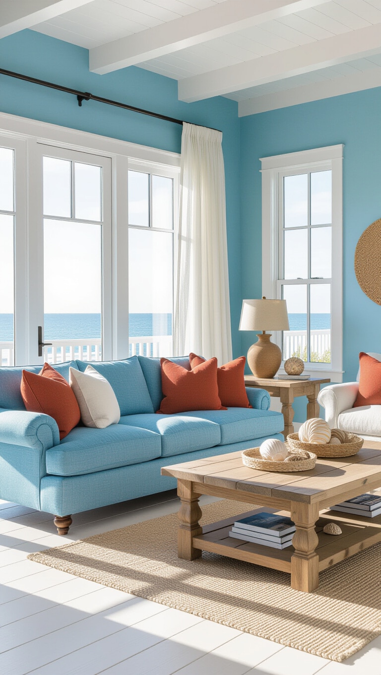 Coastal Blue and Rust Beach House Living Room