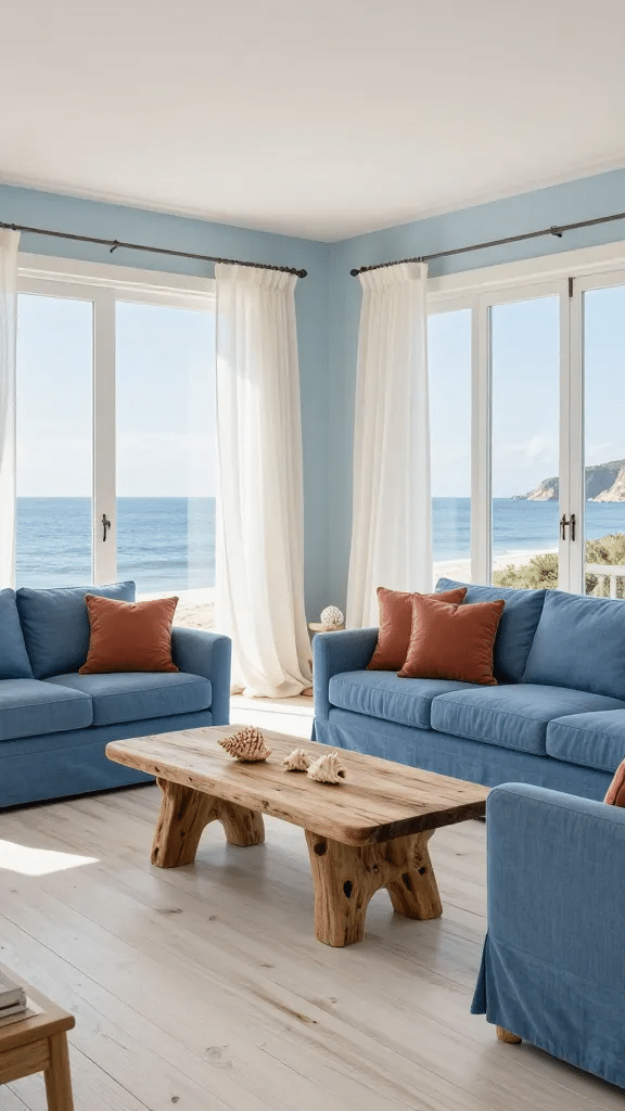 Coastal Blue and Terracotta Beach-Inspired Living Room