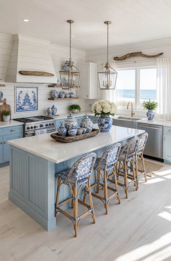 Coastal Blue Willow Beach House Kitchen