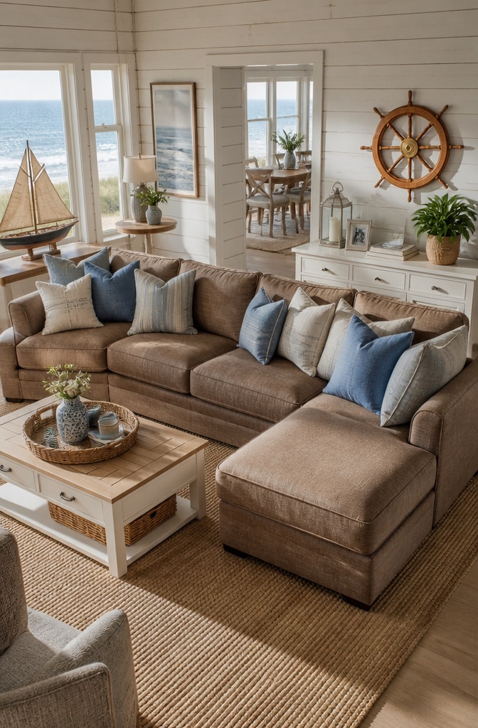 Coastal Brown Sectional Living Room Vibe