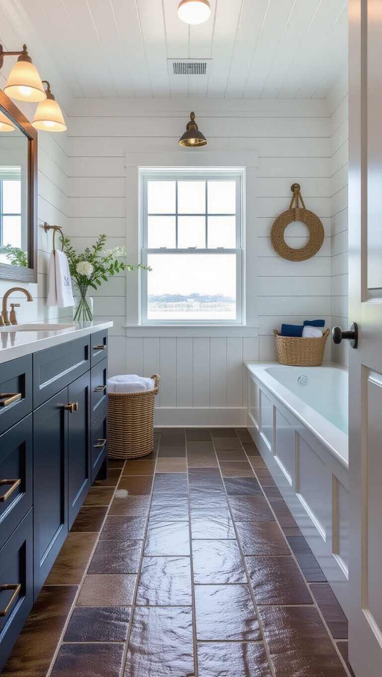 Coastal Dark Brown Tile Bathroom with Nautical Touches