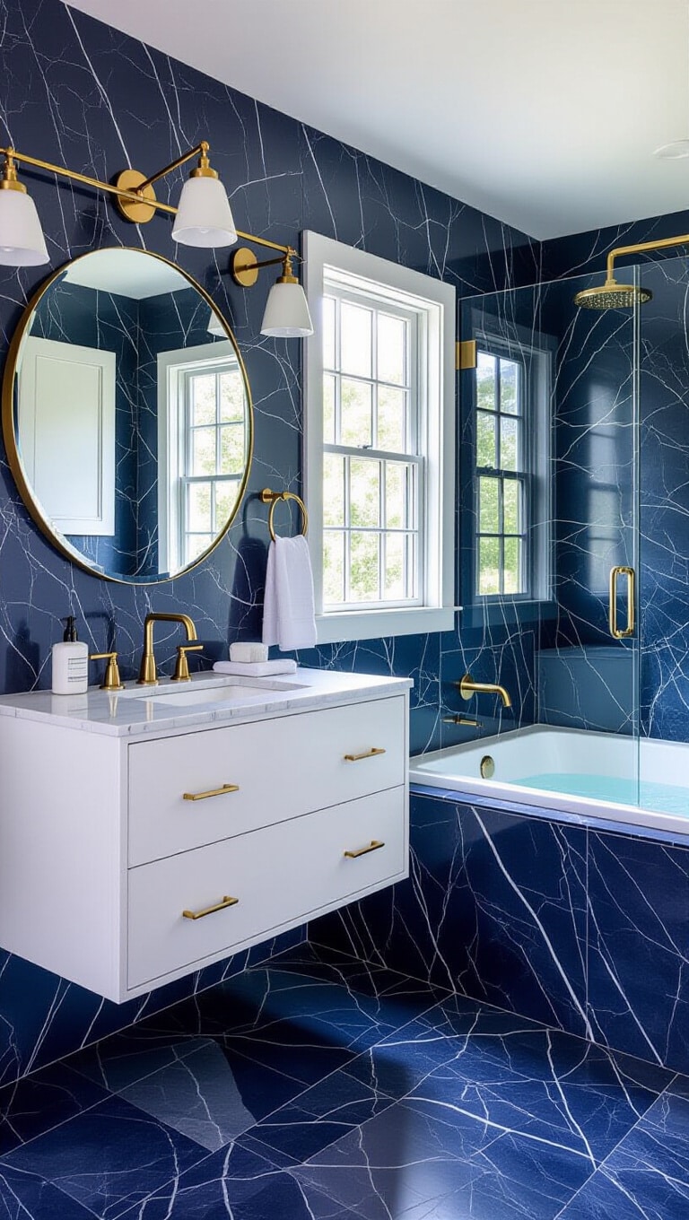 Coastal Dark Marble Bathroom with Blue Hues