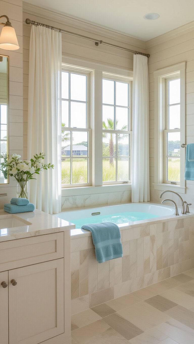 Coastal Inspired Calcutta Gold Marble Bathroom