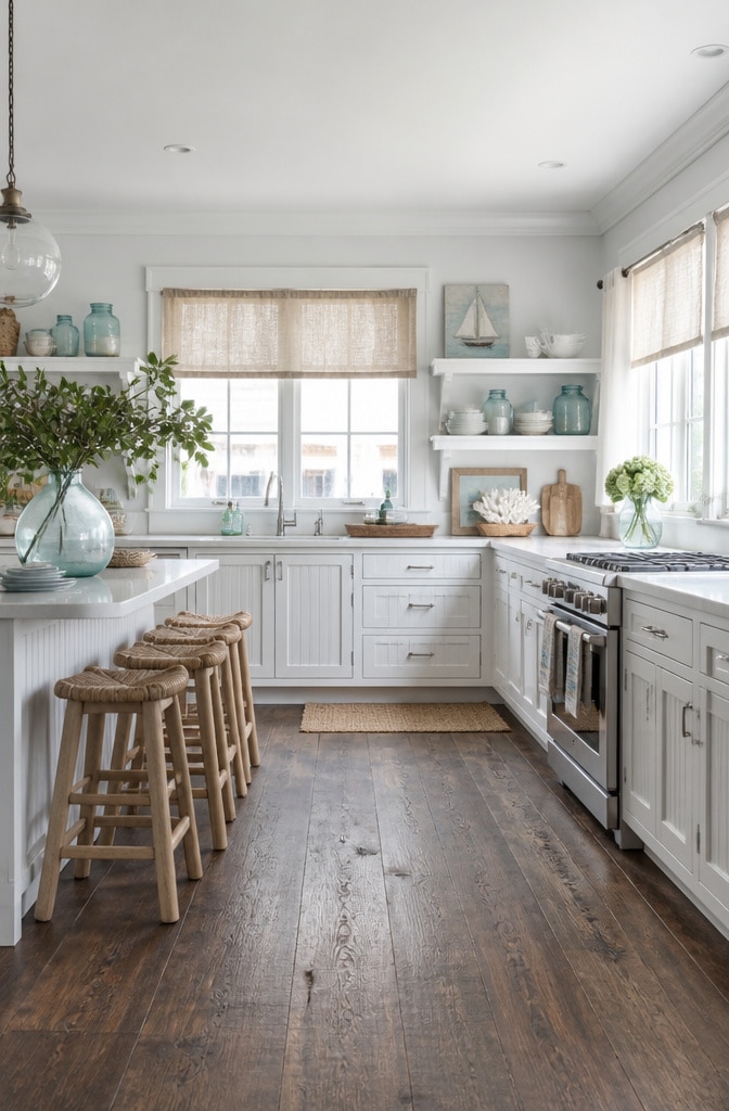 Coastal Inspired Kitchen with Dark Brown Floors