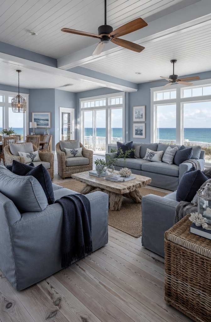Coastal Moody Blue Beach House Living Room