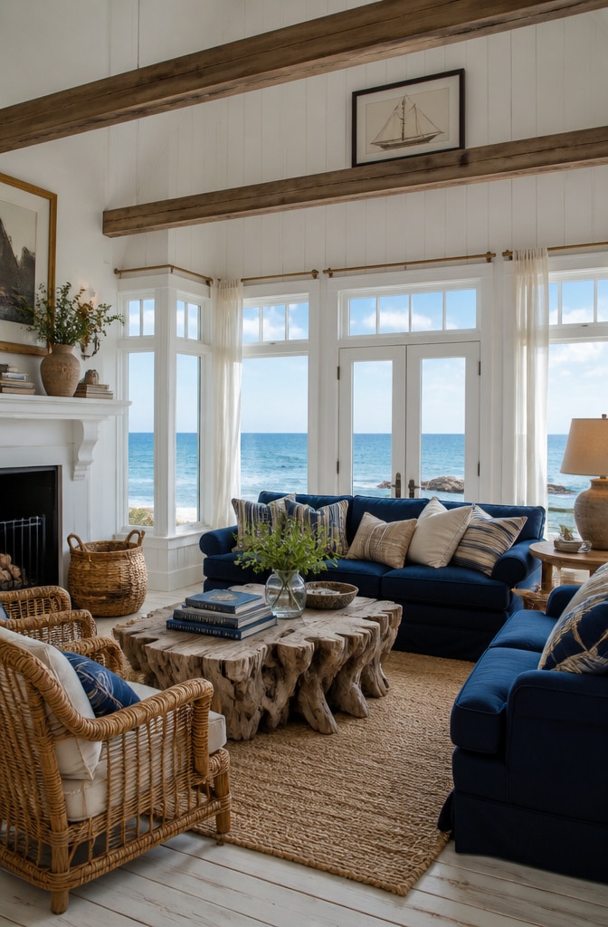 Coastal Navy Blue and Brown Beach Living Room