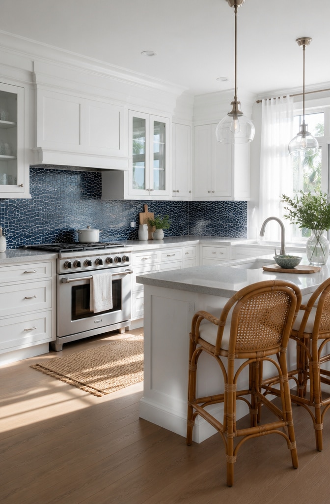 Coastal Navy Blue Mosaic Backsplash Kitchen