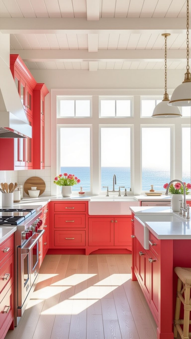 Coastal Pink and Red Beach House Kitchen