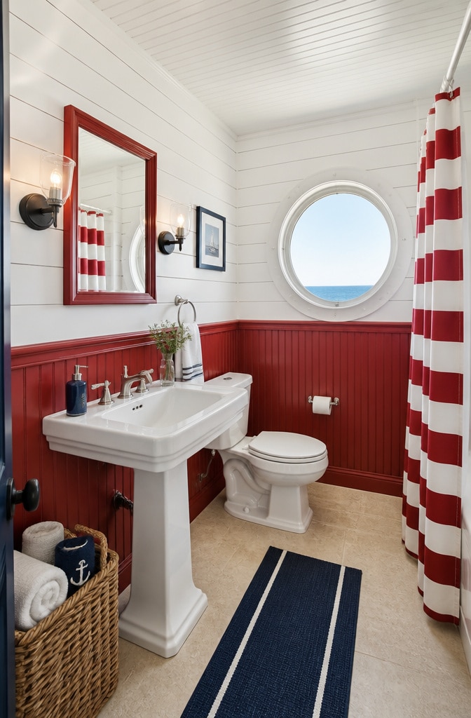 Coastal Red and White Nautical Bathroom