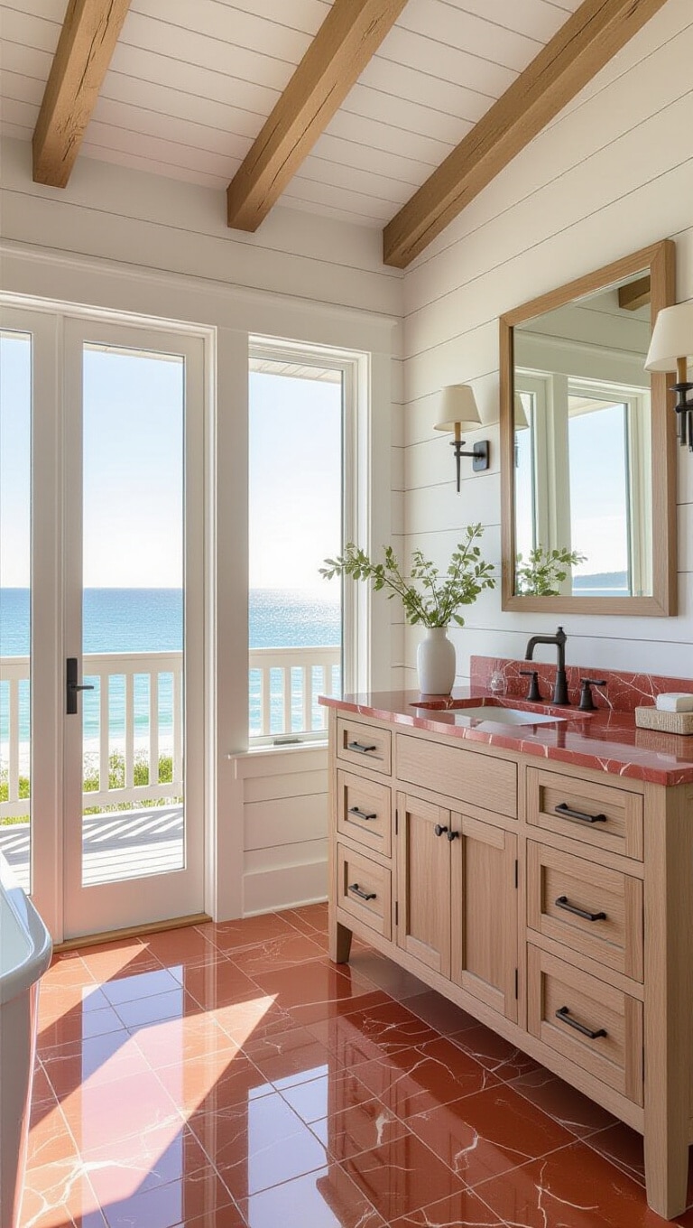 Coastal Red Marble Bathroom Retreat
