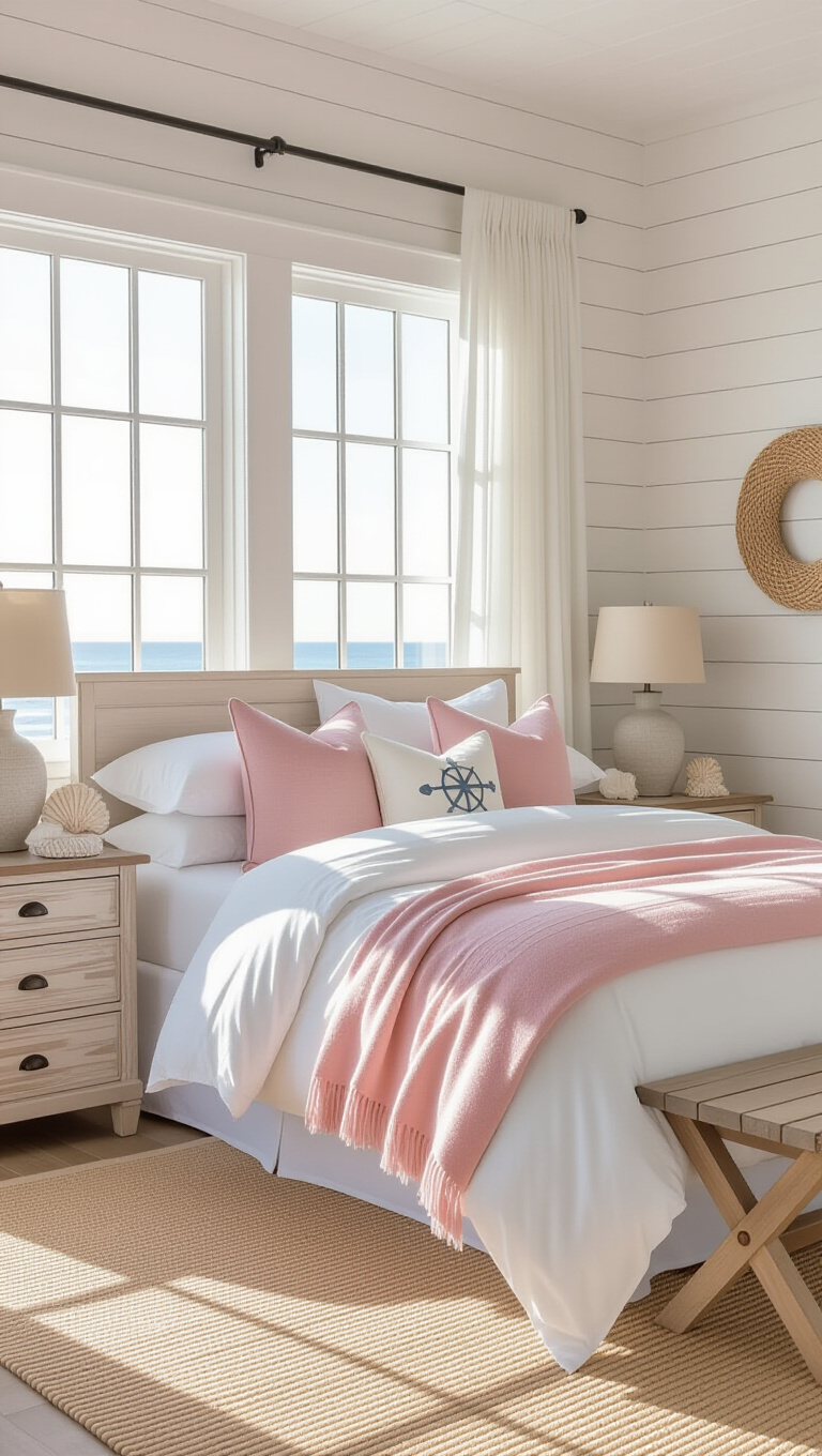 Coastal Retreat Pink and White Bedroom