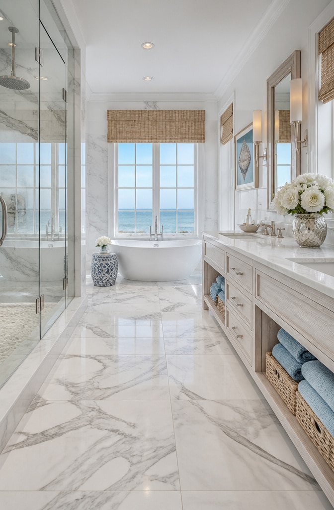 Coastal White Marble Tile Bathroom