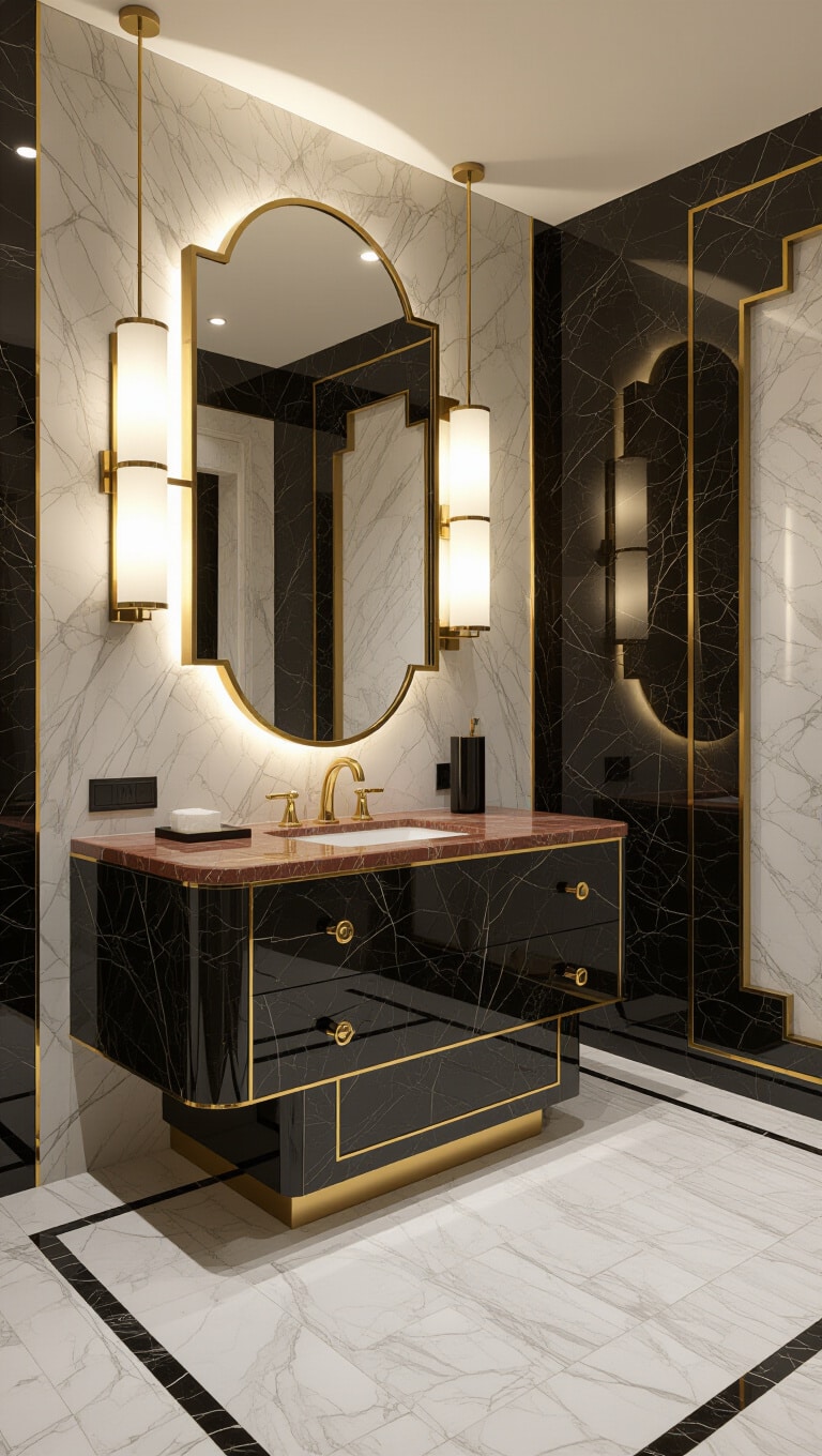 Contemporary Art-Deco Red Travertine Bathroom