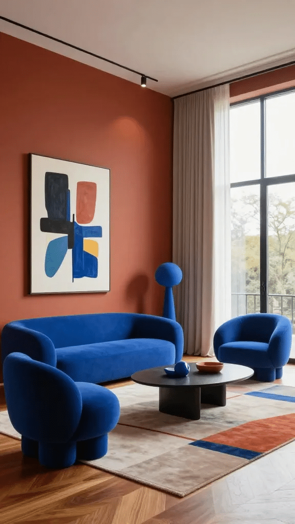 Contemporary Artistic Blue and Terracotta Living Room
