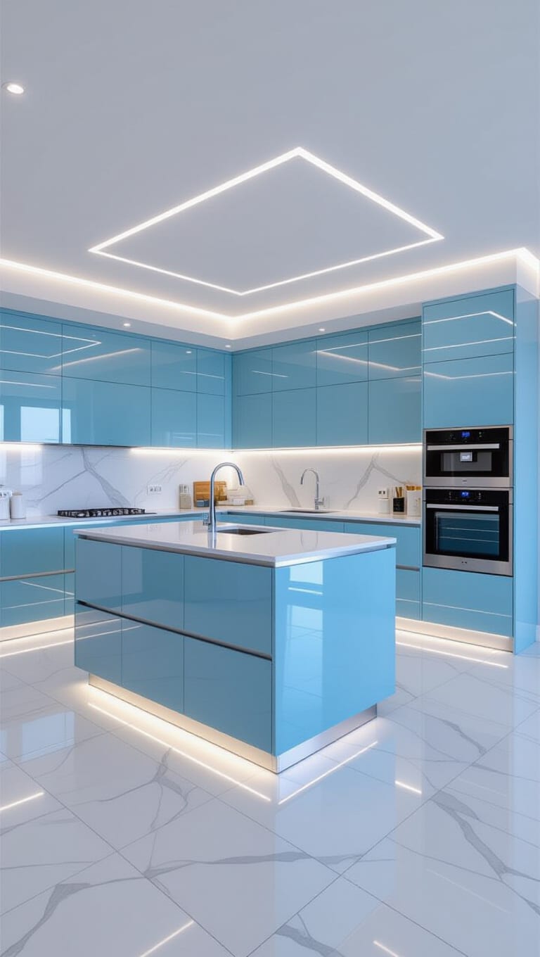 Contemporary Baby Blue High-Gloss Kitchen