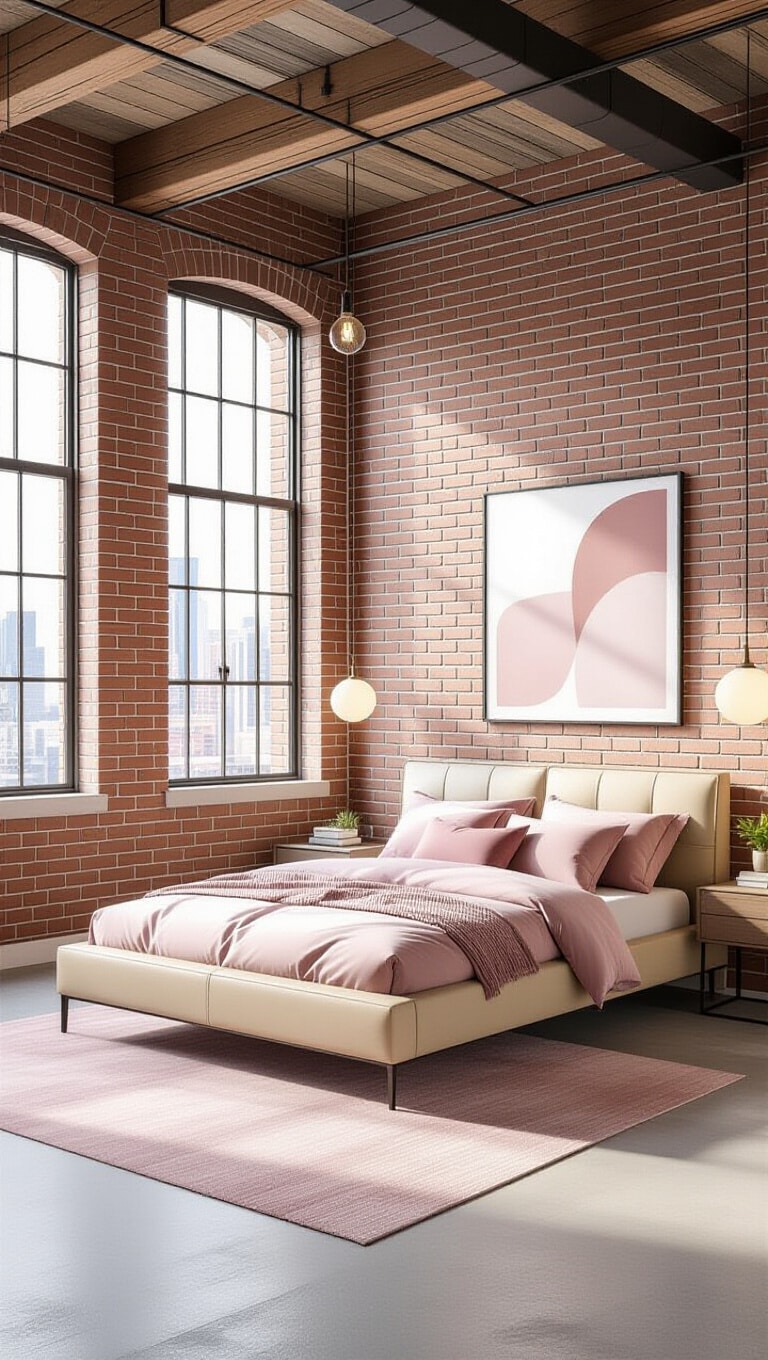 Contemporary Beige and Blush Pink Urban Loft Bedroom