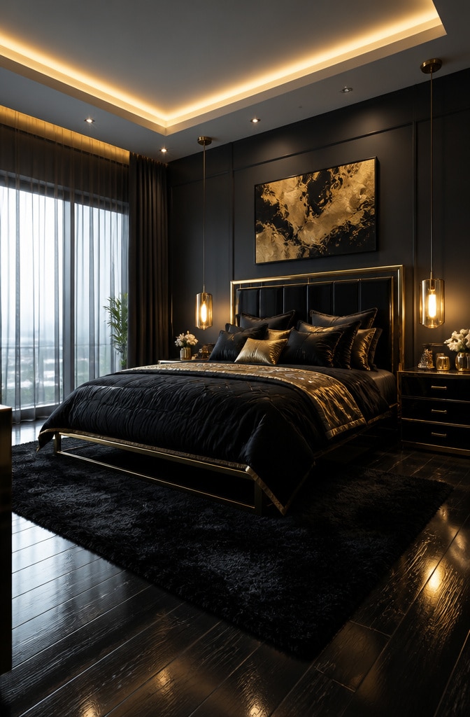 Contemporary Black and Gold Bedroom