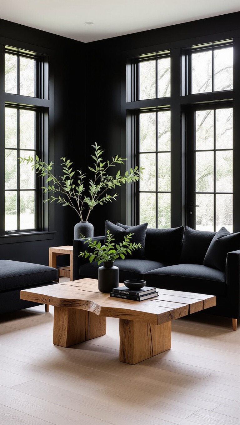 Contemporary Black and Natural Wood Living Room