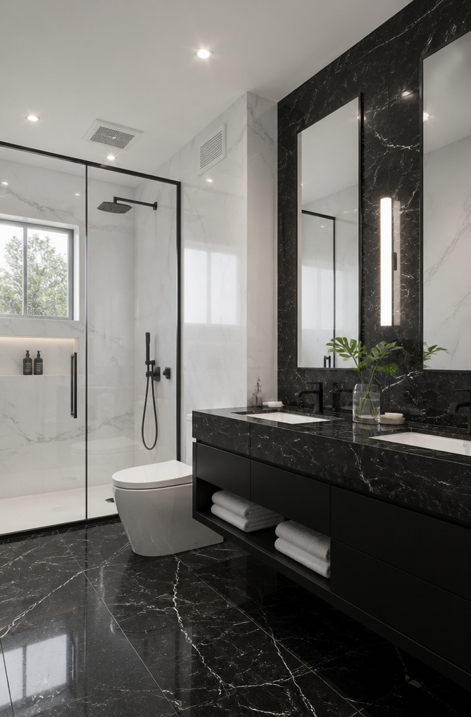 Contemporary Black and White Marble Bathroom with Contrast
