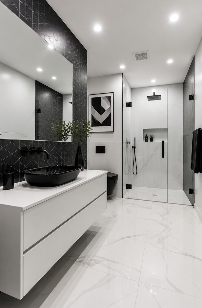 Contemporary Black and White Vessel Sink Bathroom