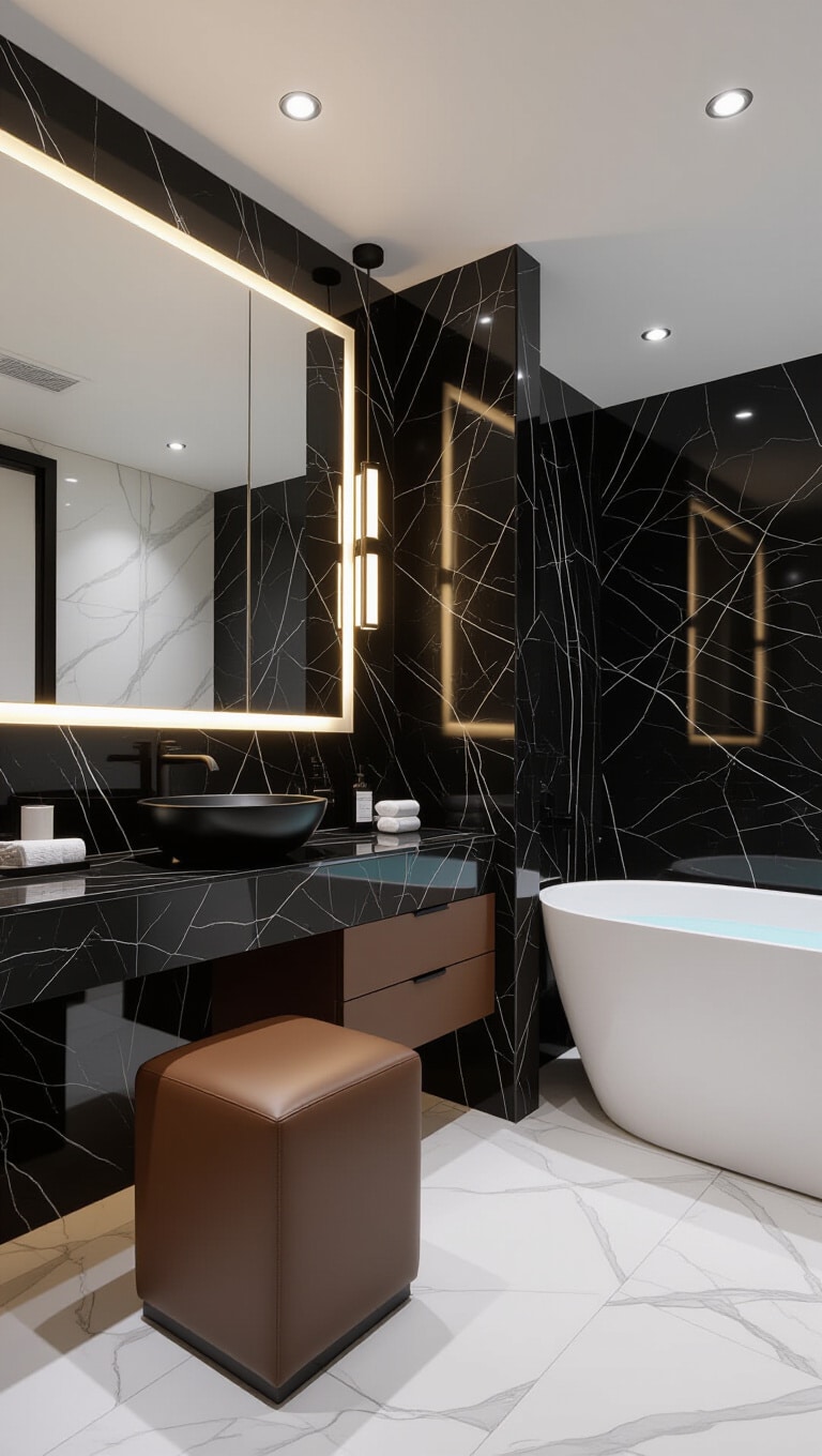 Contemporary Black Marble and Brown Leather Bathroom