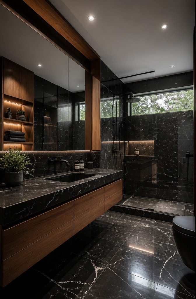 Contemporary Black Marble Bathroom with Wood Elements