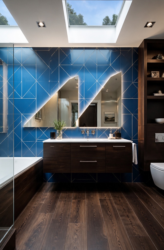 Contemporary Blue and Brown Geometric Bathroom