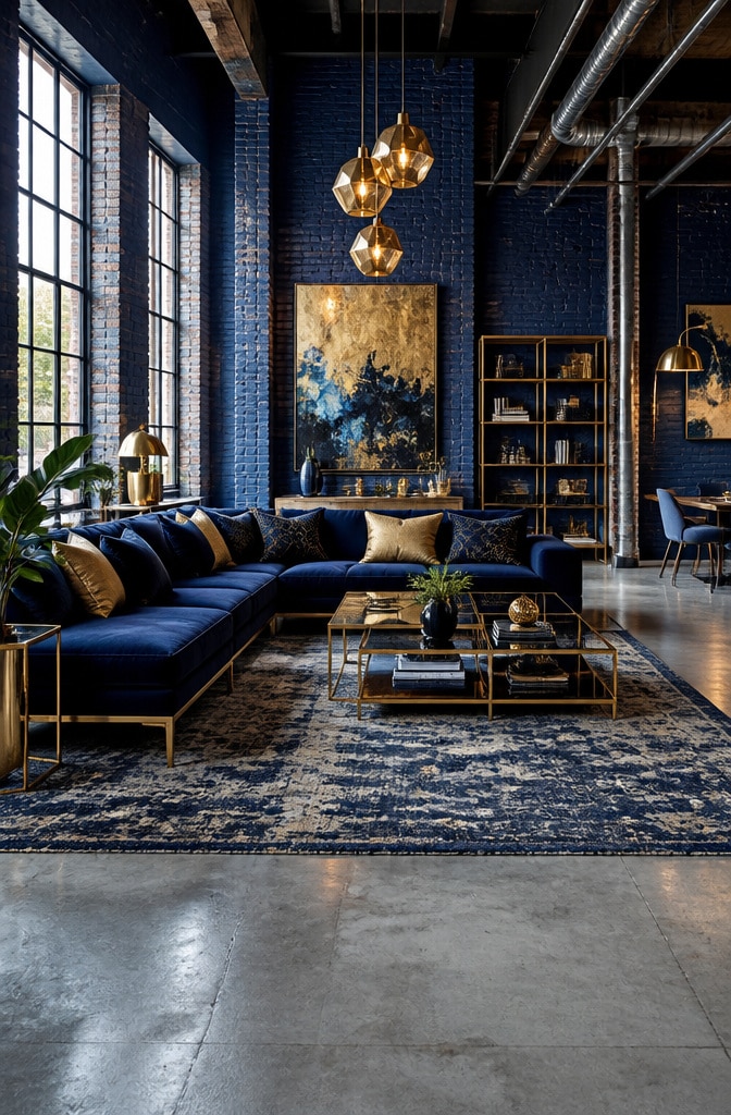 Contemporary Blue and Gold Industrial Living Room