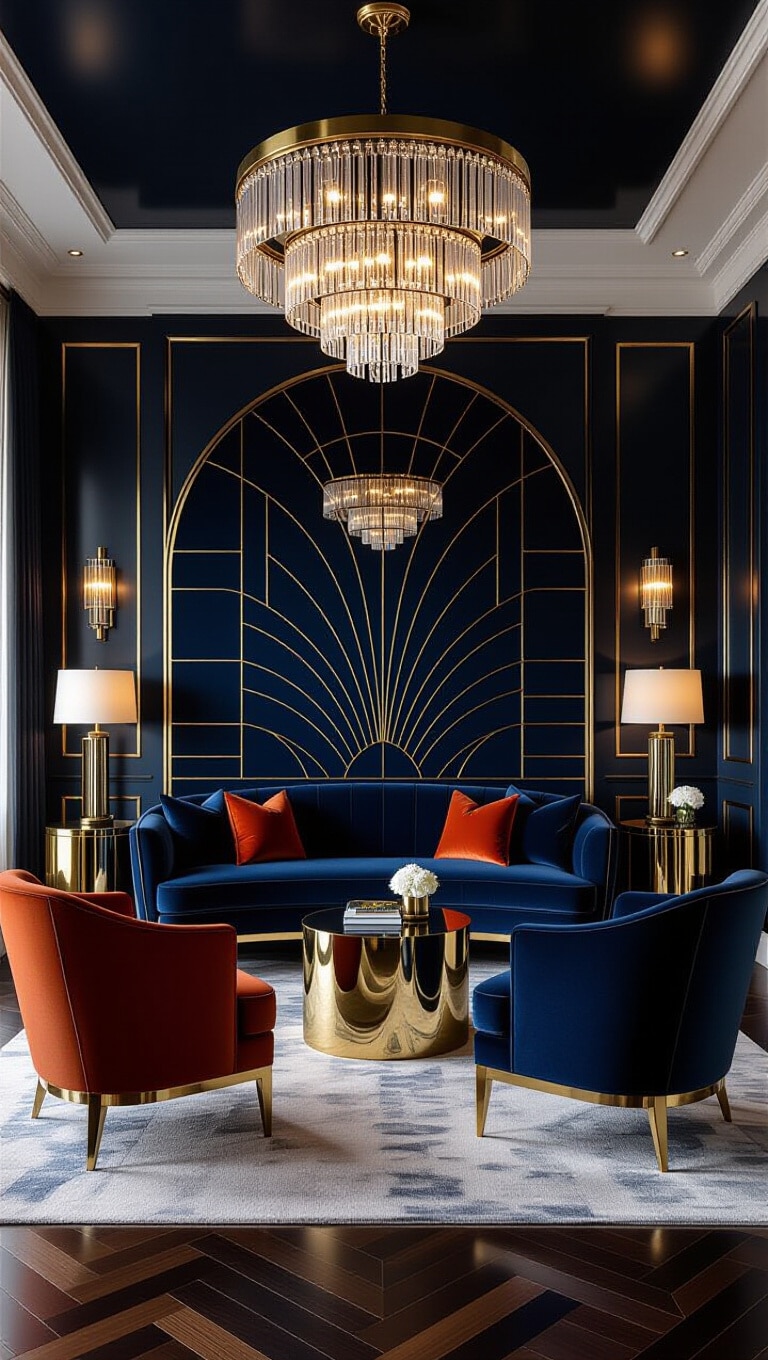 Contemporary Blue and Rust Art Deco Living Room