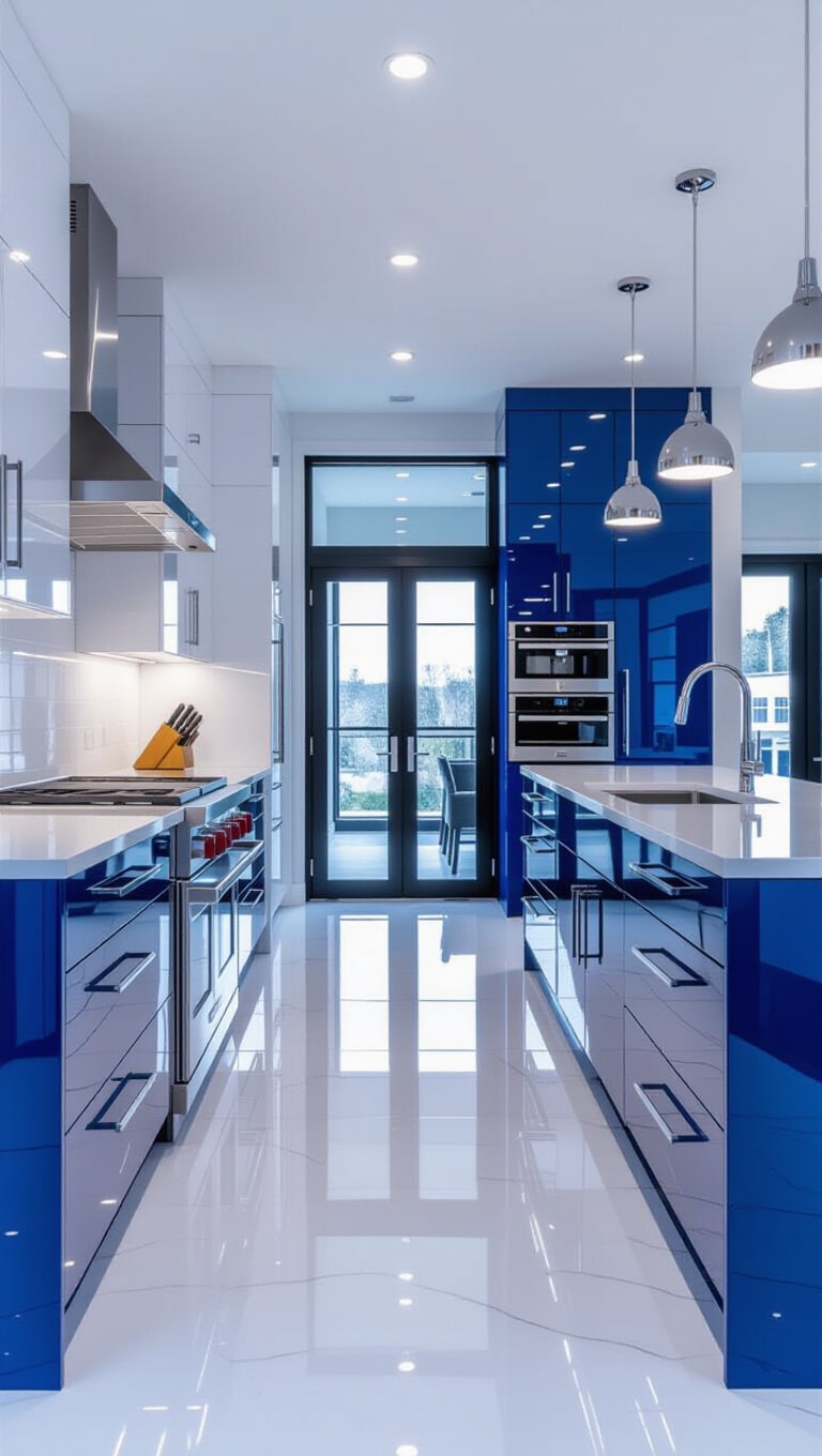 Contemporary Blue and White High-Gloss Kitchen