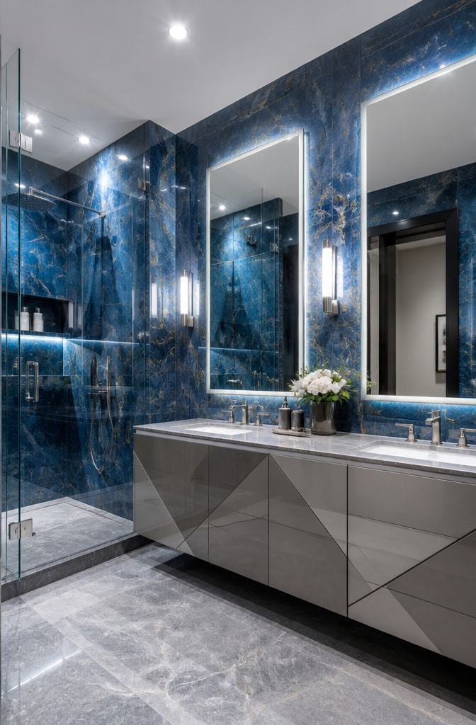 Contemporary Blue Marble Bathroom with Metallic Accents