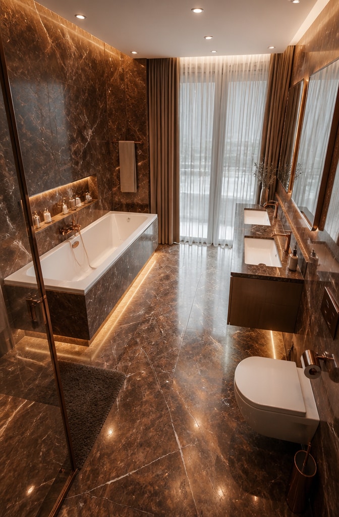 Contemporary Brown Marble Bathroom with Metallic Accents