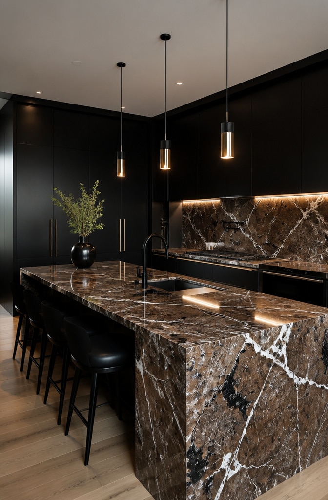 Contemporary Brown Marble Kitchen with Dark Cabinets