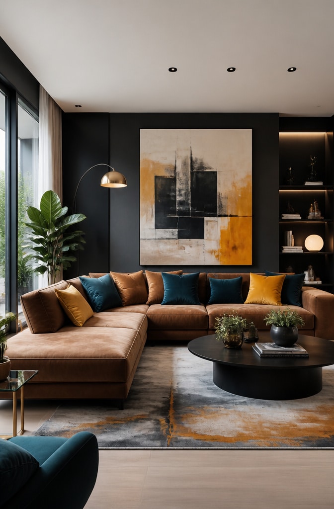 Contemporary Brown Sectional with Bold Colors