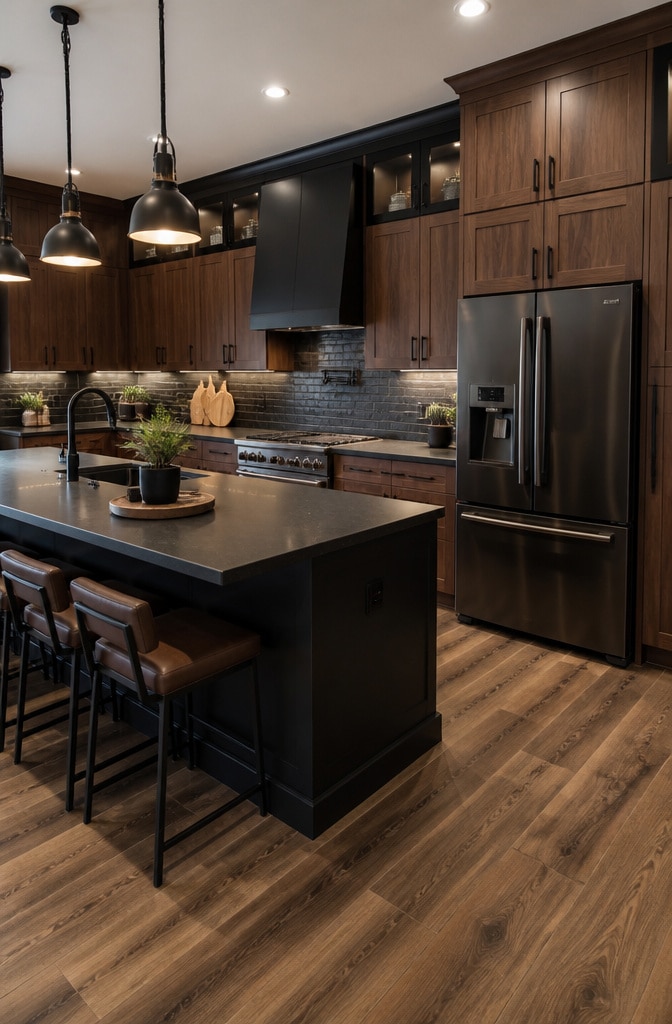Contemporary Brown Wood and Black Kitchen