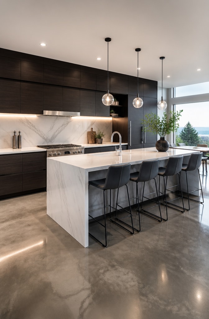 Contemporary Dark Brown and White Kitchen with Marble Accents
