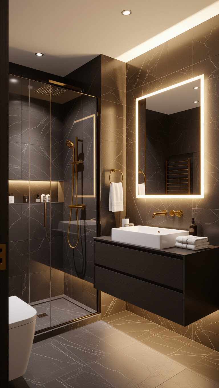 Contemporary Dark Brown Tile Bathroom with Gold Accents