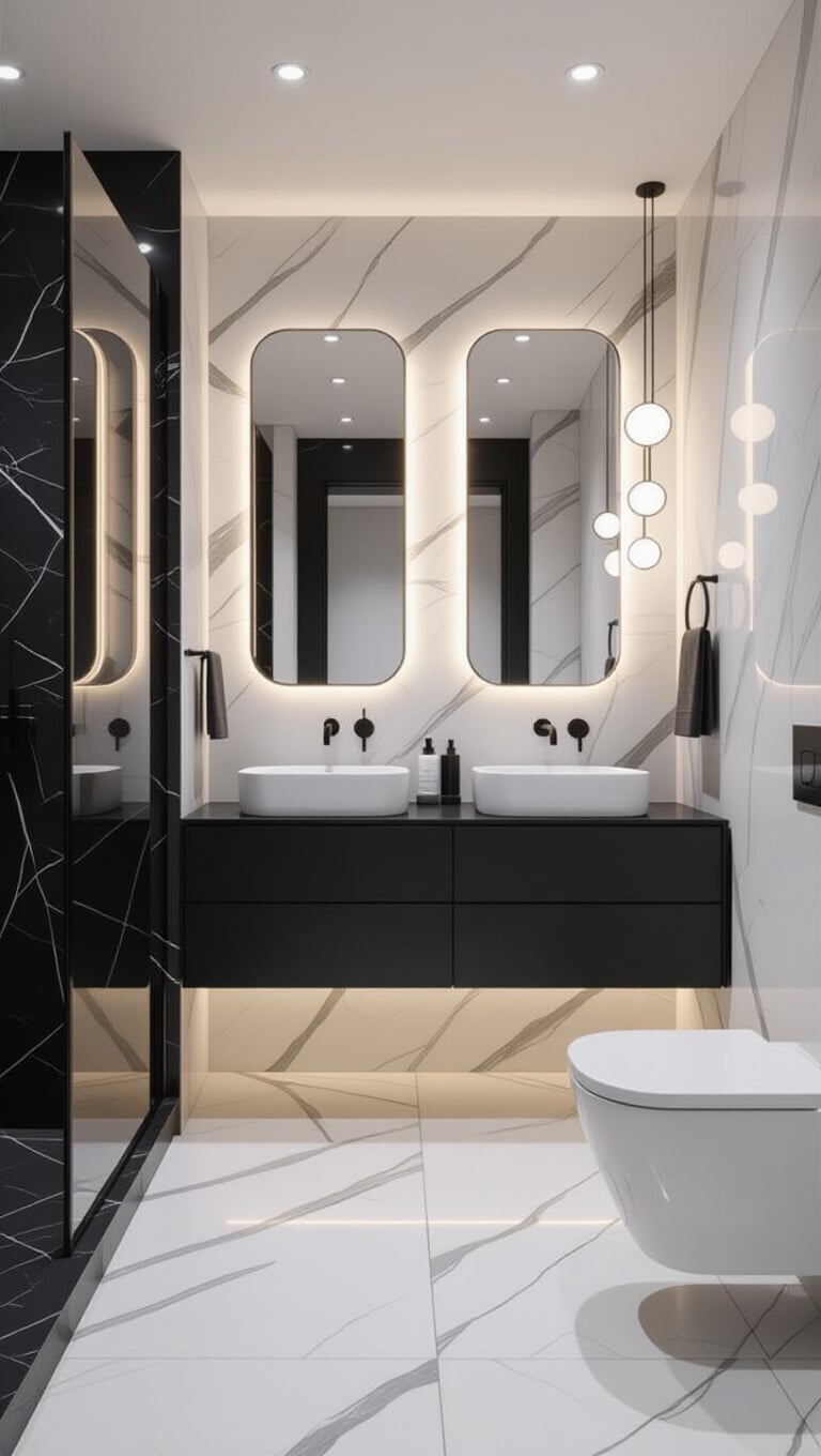 Contemporary Dark Marble Bathroom with Matte Finishes