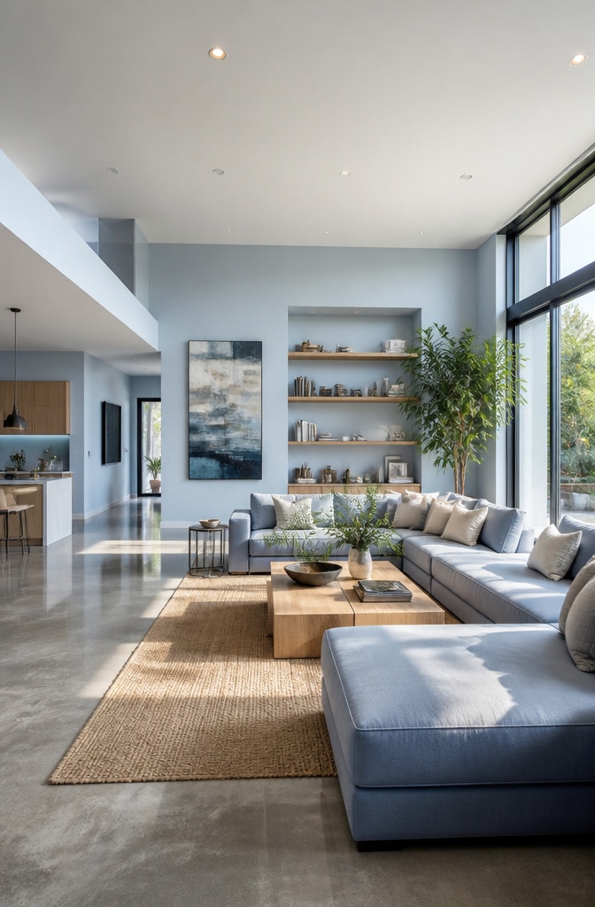 Contemporary Dusty Blue Open-Concept Living Room