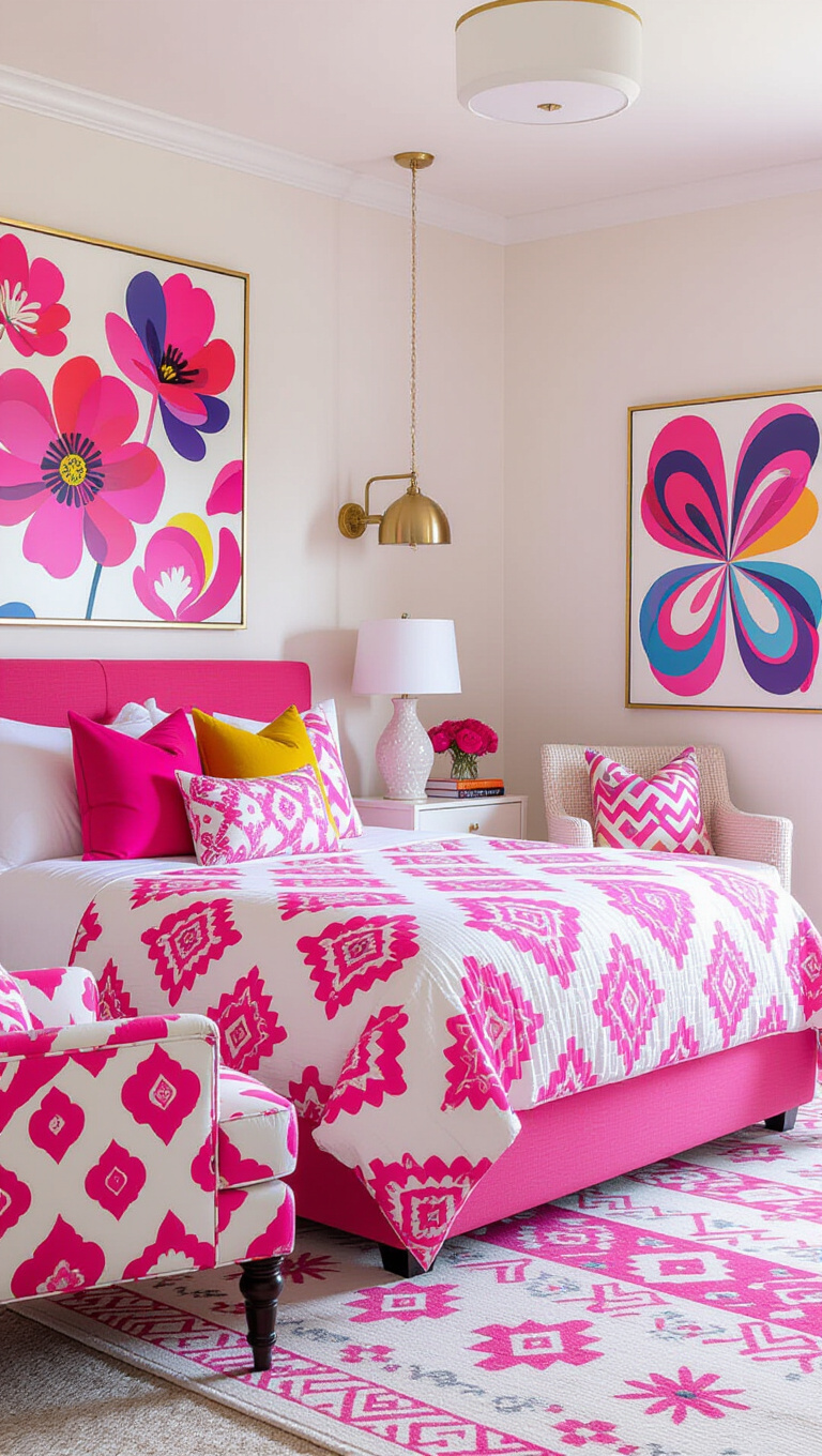 Contemporary Eclectic Pink and White Bedroom