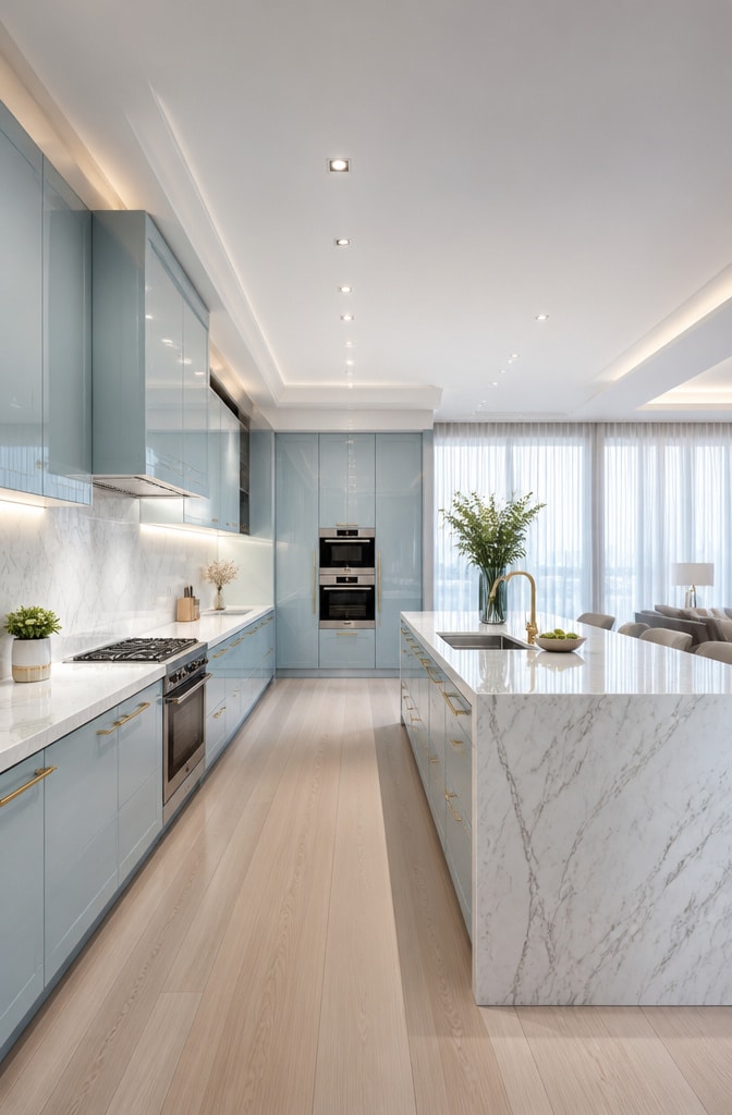 Contemporary Elegant Duck Egg Blue Kitchen
