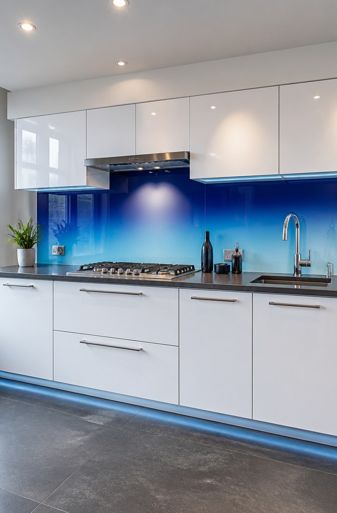Contemporary High-Gloss Blue Gradient Backsplash Kitchen